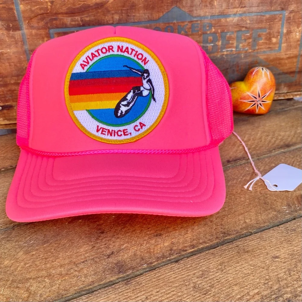 🆕✨AVIATOR NATION NEON PINK WITH VENICE LOGO PATCH MESH TRUCKER HAT O/S NWT - Picture 5 of 6